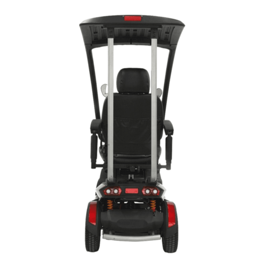 A high-performance mobility scooter with a black and white color scheme, featuring a clear weather canopy, a comfortable seat, and a shock-absorbing flexi tiller. It also shows off-road capabilities with front and rear suspension and left and right rear mirrors from Adaptive Equipment (Image 4).