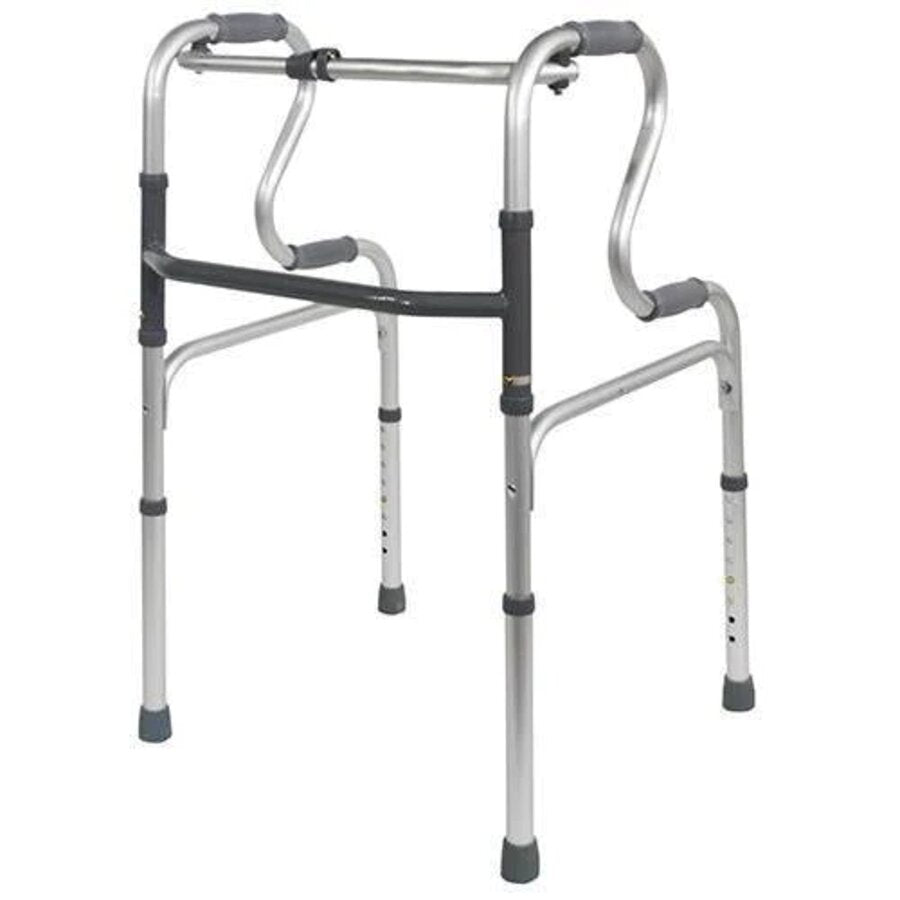 A lightweight aluminium walking frame with a wide base for stability, soft-grip handles, and a one-button folding function. It is displayed in a neutral setting (Image 2)