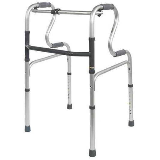 A lightweight aluminium walking frame with a wide base for stability, soft-grip handles, and a one-button folding function. It is displayed in a neutral setting (Image 2)