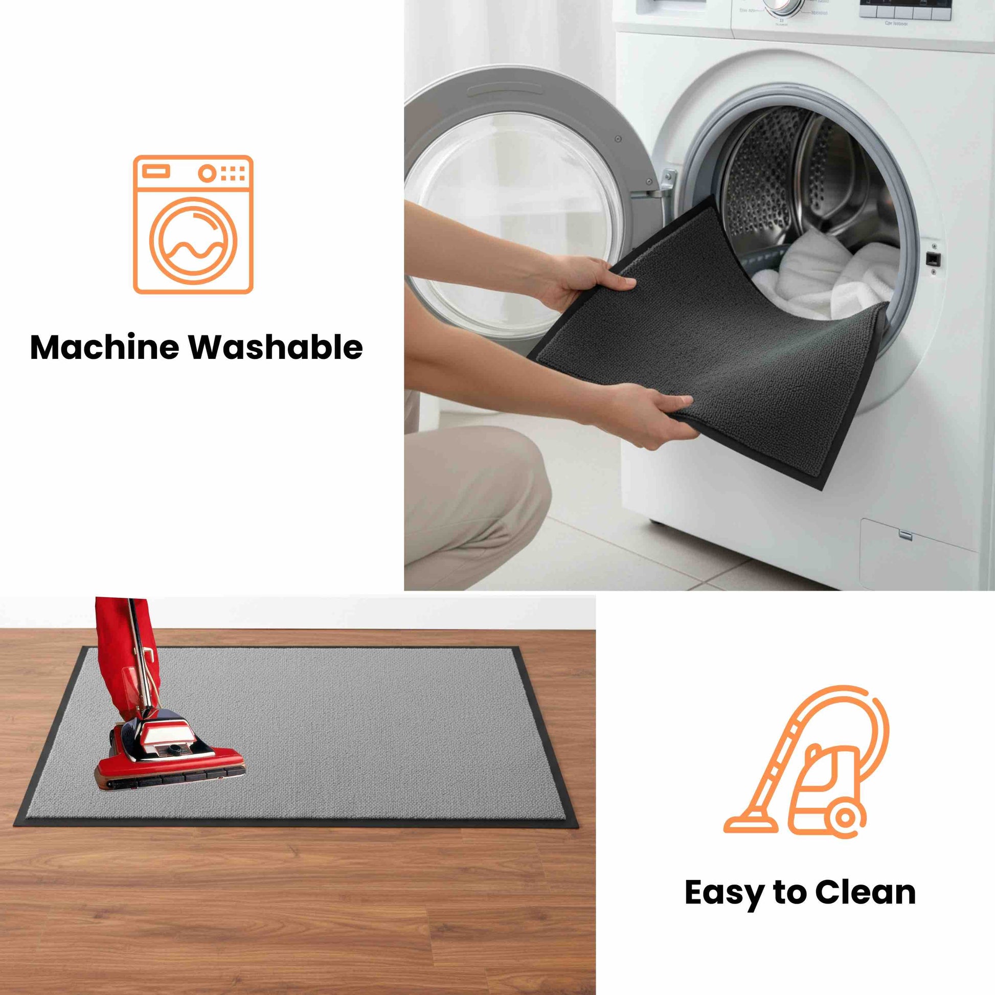 Black anti-slip floor mat being placed into a washing machine with icons indicating machine washable and easy to clean.