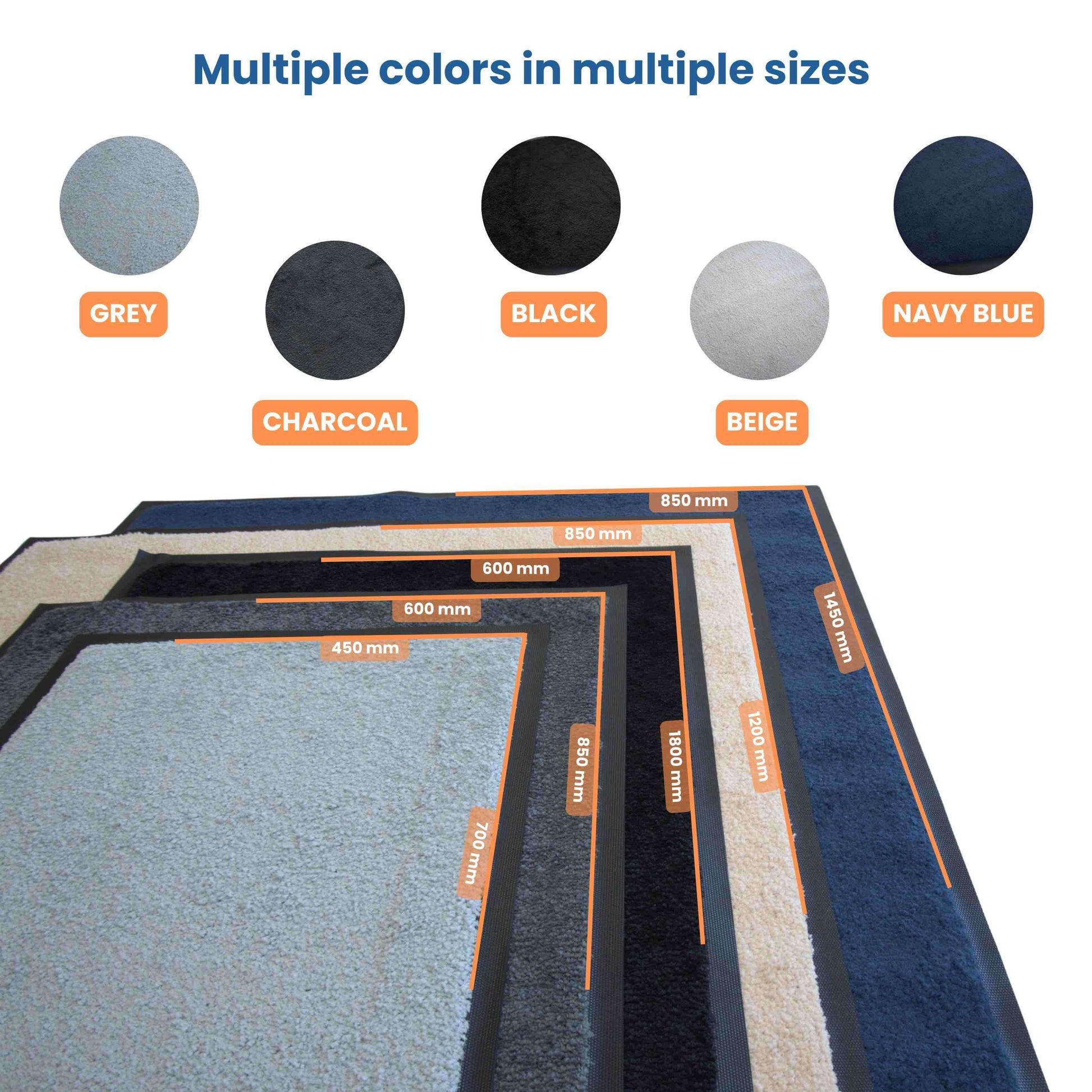 Anti-slip floor mats with color swatches and size measurements on a white background