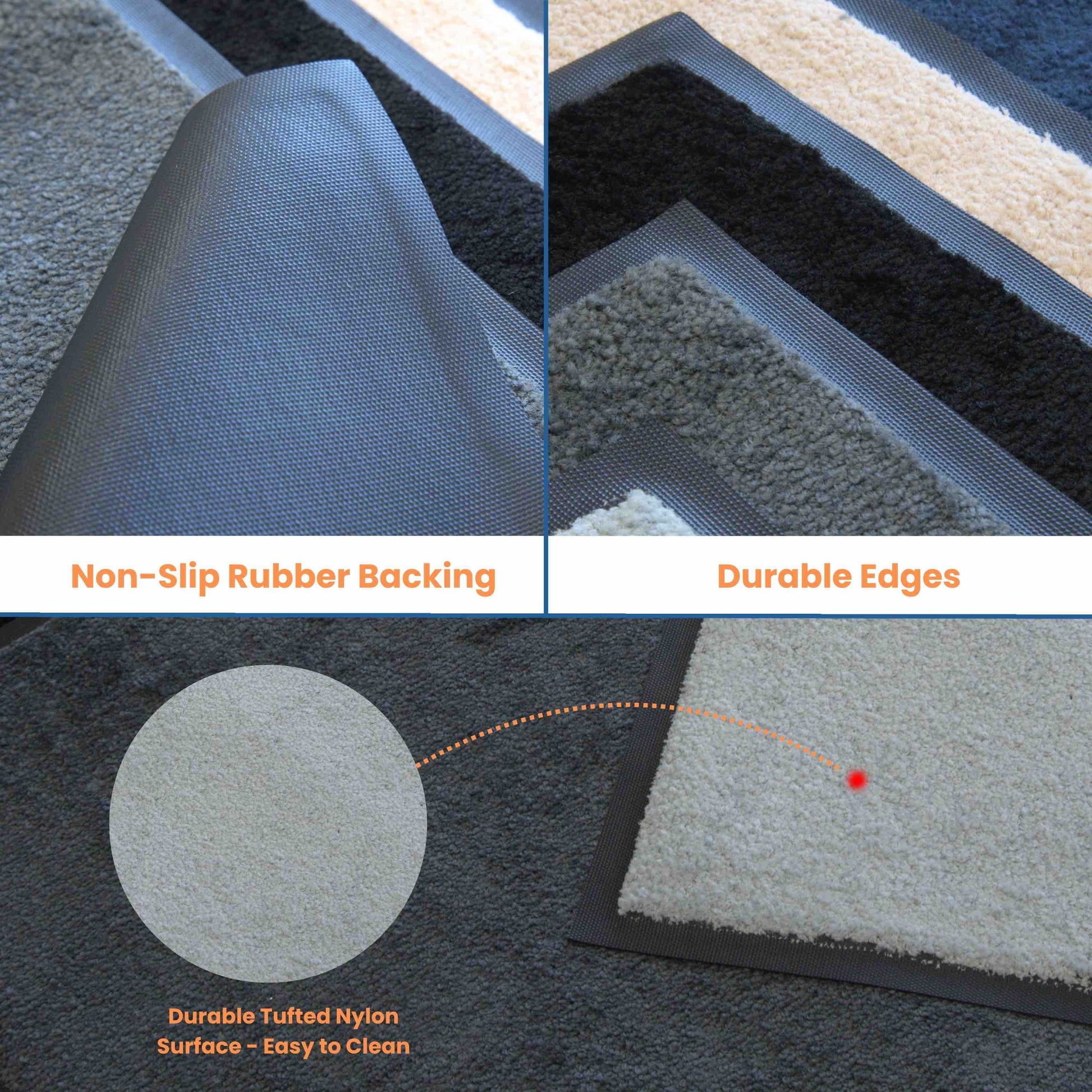 Collage of anti-slip floor mats features including non-slip rubber backing, durable edges, and tufted nylon surface.