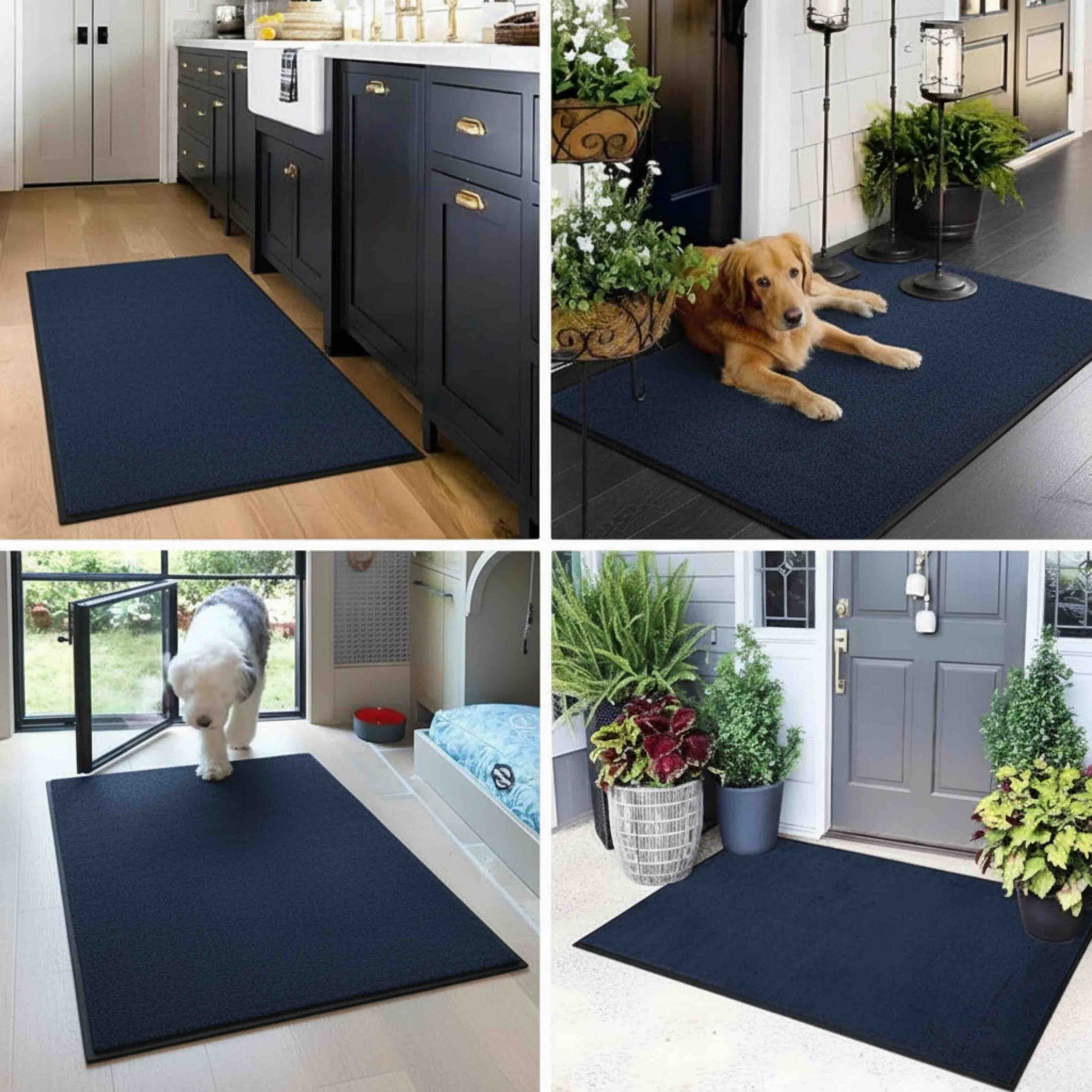 Collage of a navy blue floor mats used in various settings including a kitchen, outdoors, and indoors.