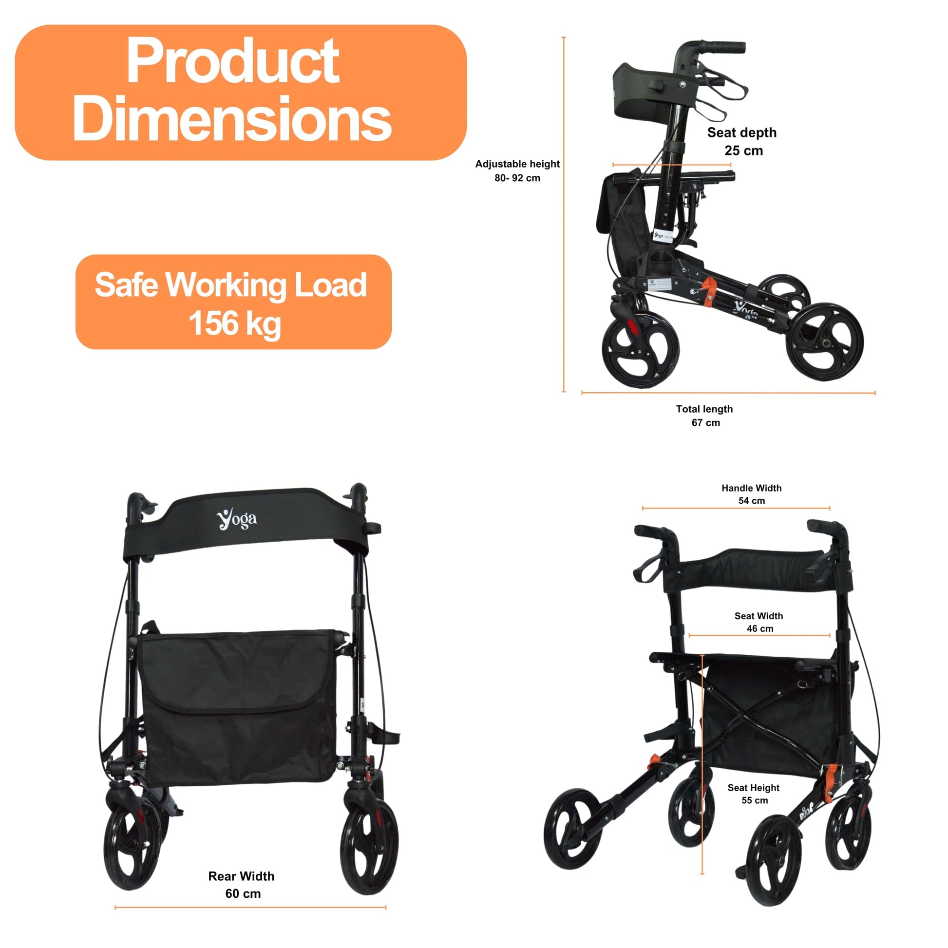 Yoga lightweight foldable aluminium walker dimensions