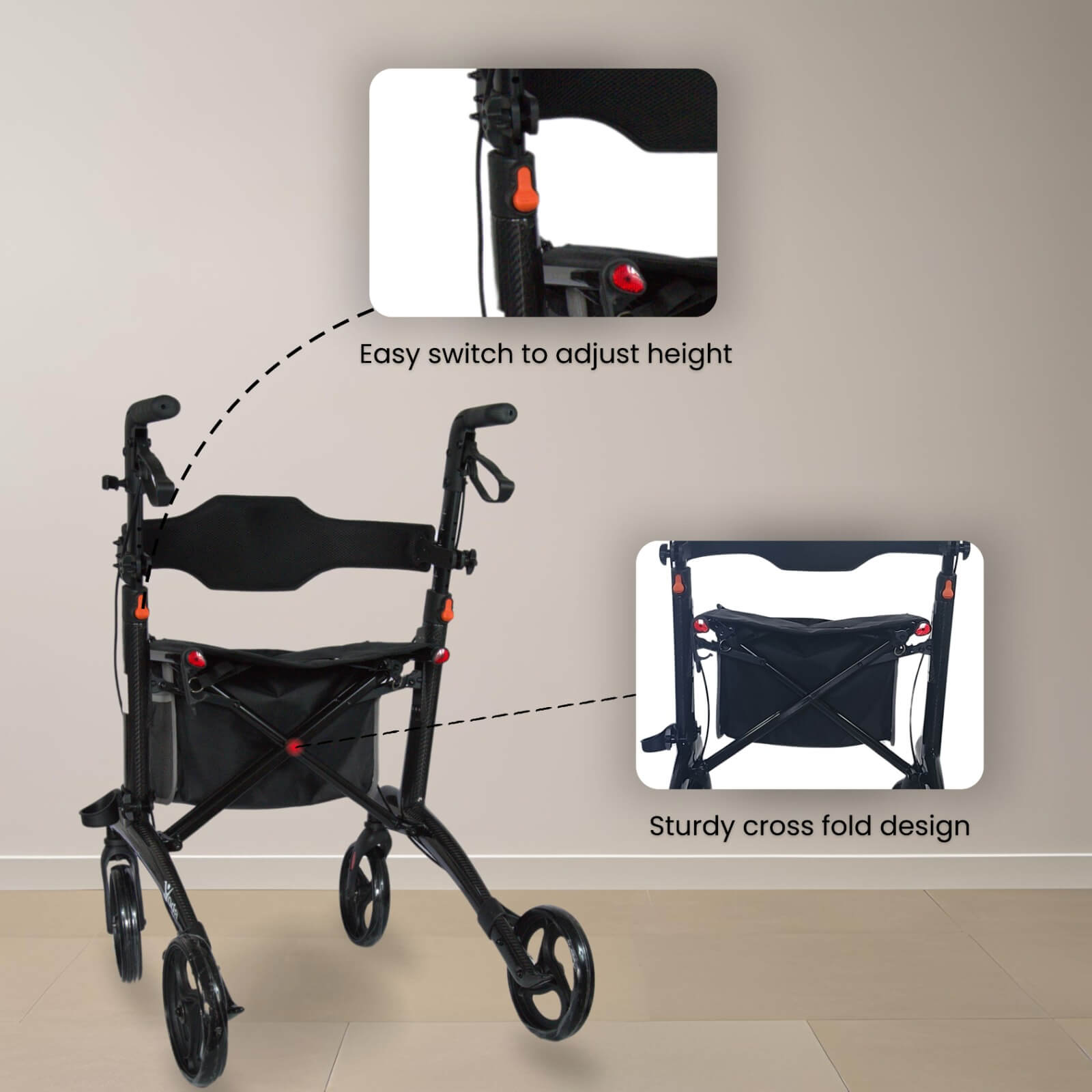 Yoga Carbon Fibre Walker (Rollator) with cross fold and oval tube design provide stability and support