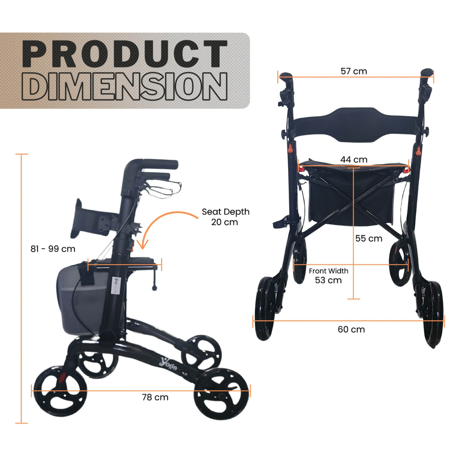 Yoga Carbon Fibre Walker (Rollator) product dimensions