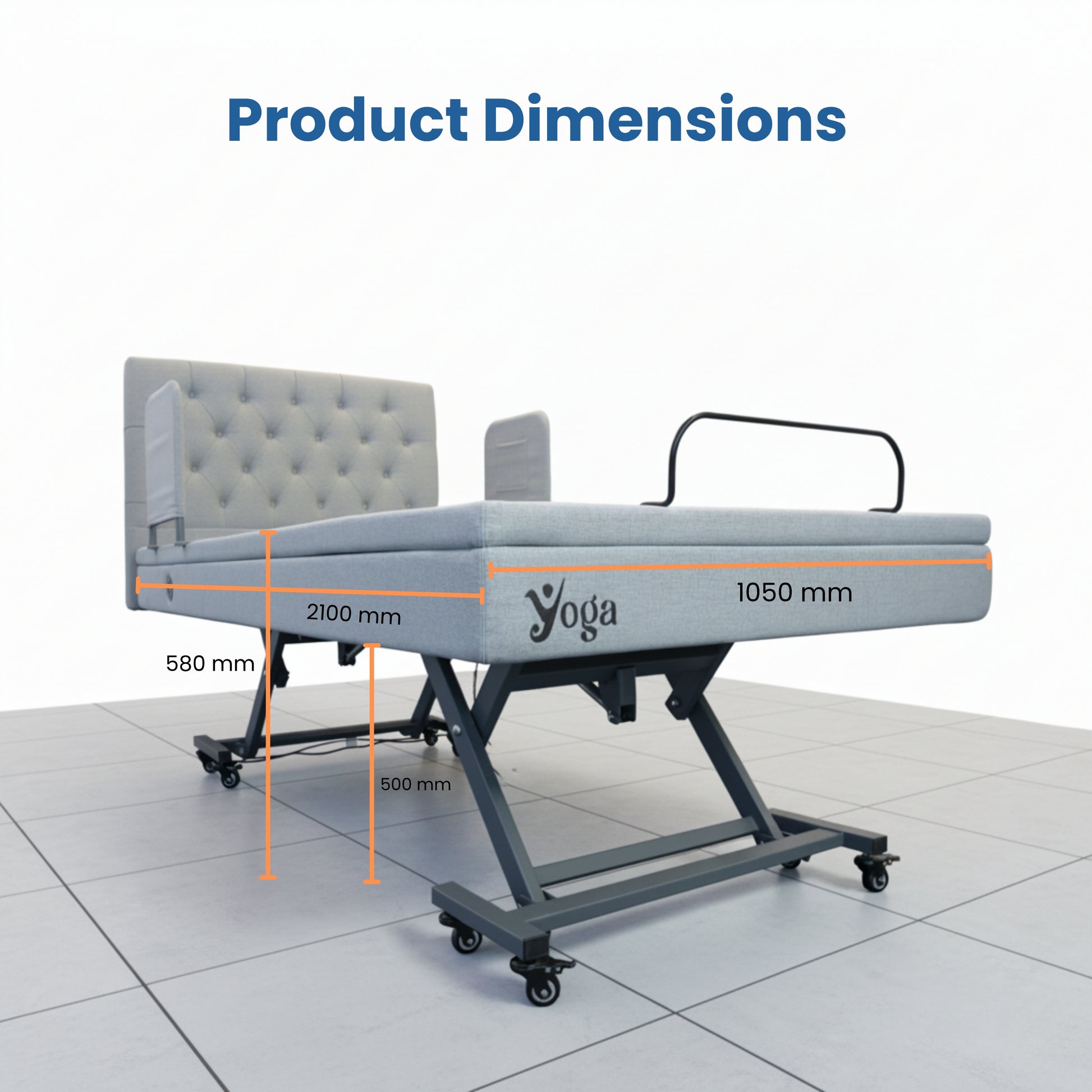 Yoga adjustable home care bed with dimensions labeled on a tiled floor