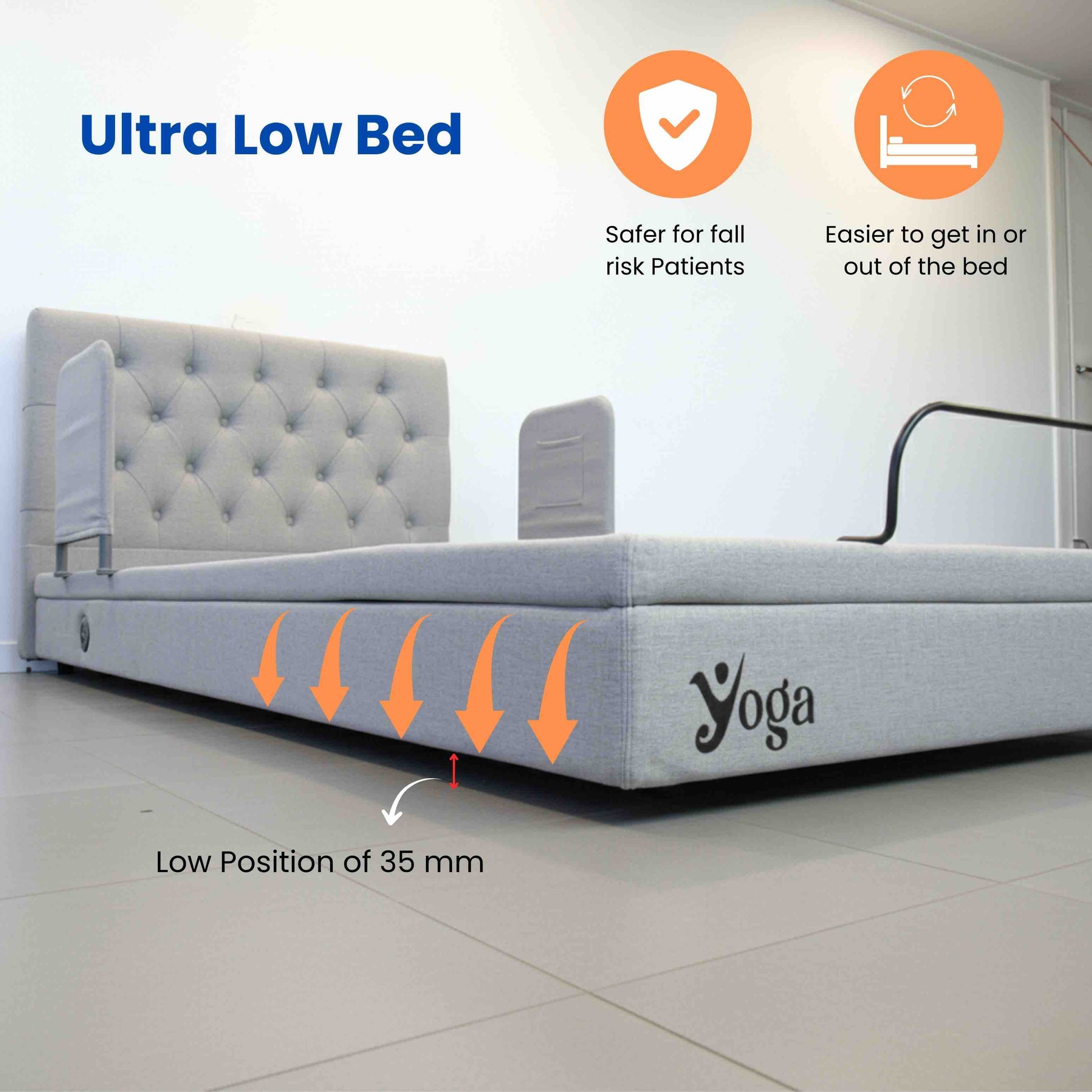 Yoga Ultra Low home care Bed with features highlighted on a white background
