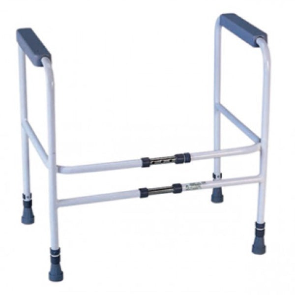 Adjustable metal toilet surround with a white polymer frame, featuring moulded support arms and a double transform bar.