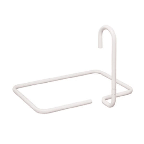 An adjustable crook handle bed pole in white colour, consisting of a sturdy base and a curved support pole from Adjustable Equipment.