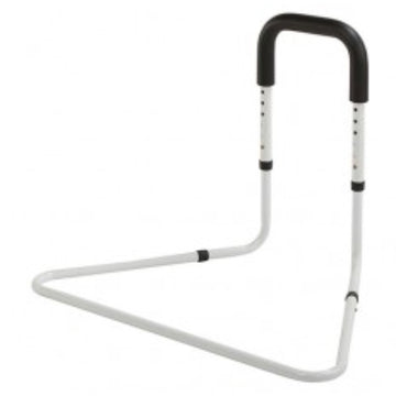 A height adjustable bed grab rail with a white frame and black accents from Adaptive Equipment.