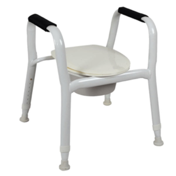 An over-toilet aid with a white seat and gray frame, featuring adjustable legs and black hand grips.