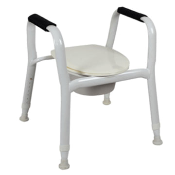 An over-toilet aid with a white seat and gray frame, featuring adjustable legs and black hand grips.