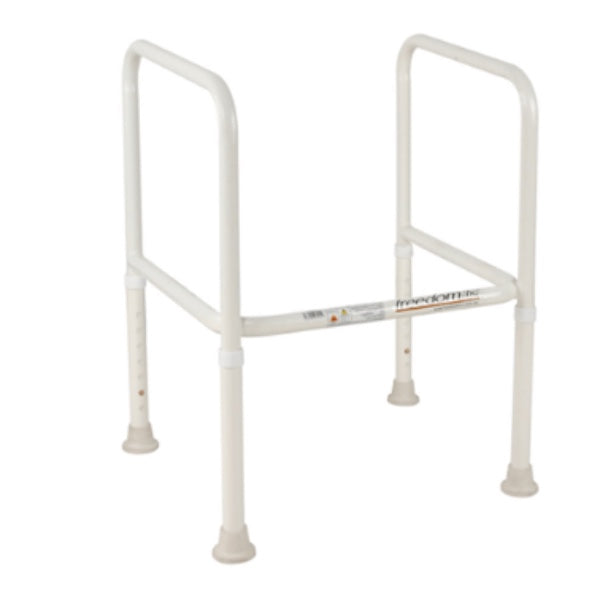 A white toilet safety frame with slip-resistant suction rubber tips and adjustable height legs.