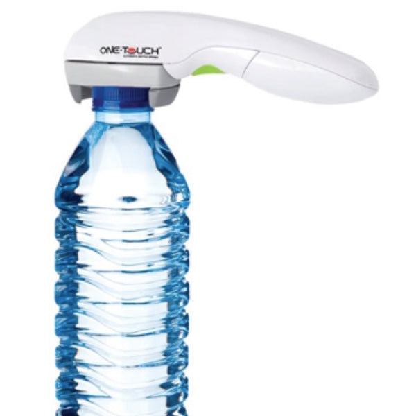 An automatic bottle opener with a white and blue colour scheme, designed to open a water bottle from Adaptive Equipment.